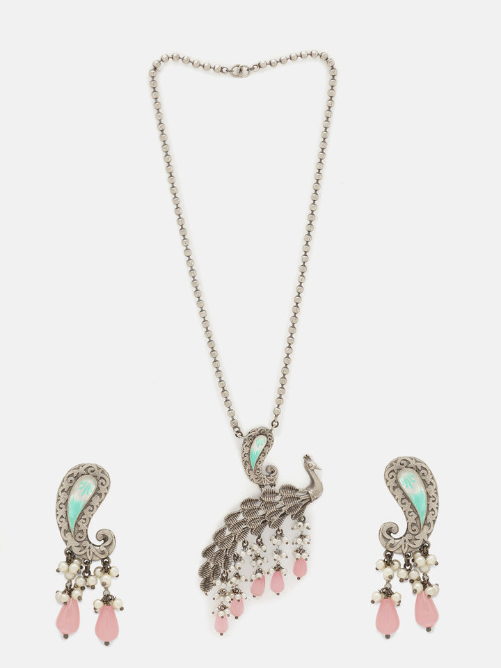 Priyaasi Silver Plated Pink Beaded Oxidized Peacock Jewellery Set