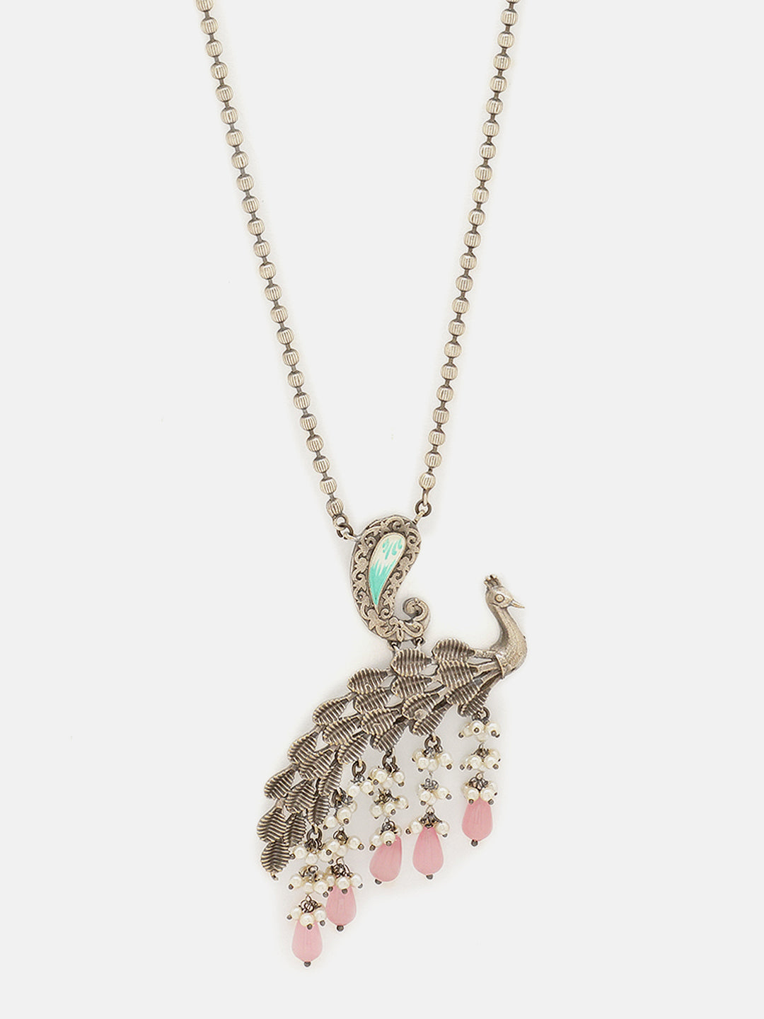 Priyaasi Silver Plated Pink Beaded Oxidized Peacock Jewellery Set