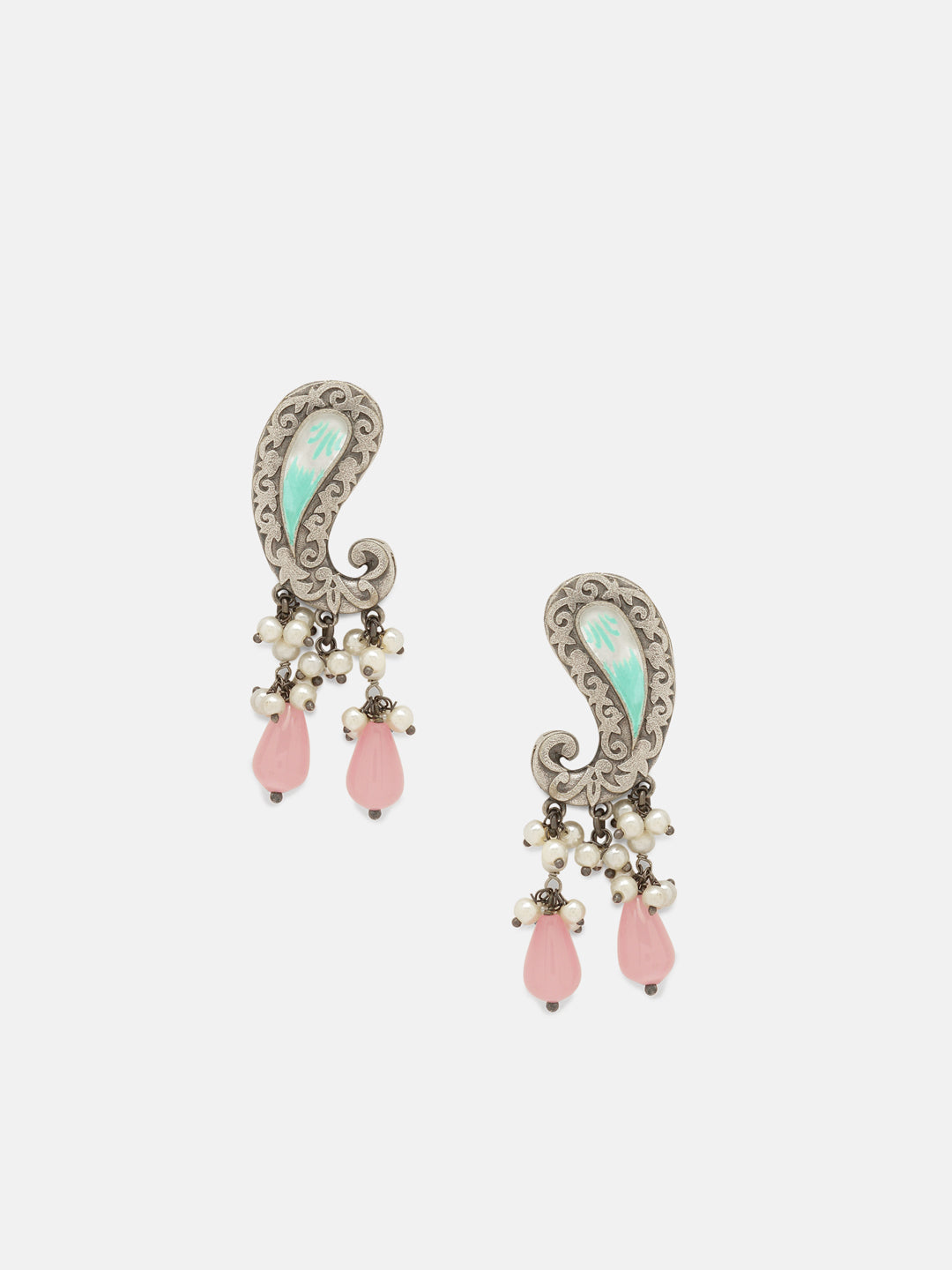 Priyaasi Silver Plated Pink Beaded Oxidized Peacock Jewellery Set