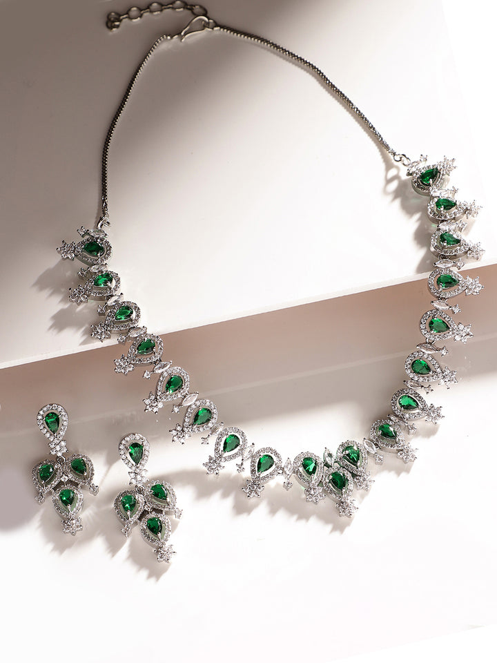 Drop Emerald Whitestoned Silver Plated Necklace with Fancy AD Earrings Jewellery Set