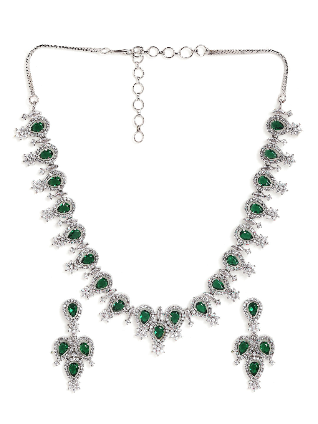 Drop Emerald Whitestoned Silver Plated Necklace with Fancy AD Earrings Jewellery Set