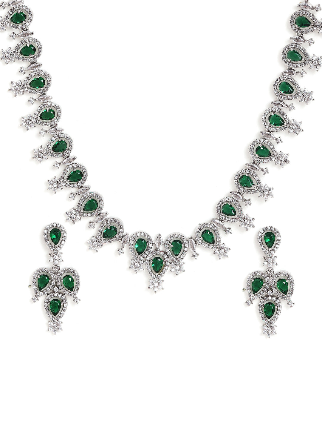 Drop Emerald Whitestoned Silver Plated Necklace with Fancy AD Earrings Jewellery Set