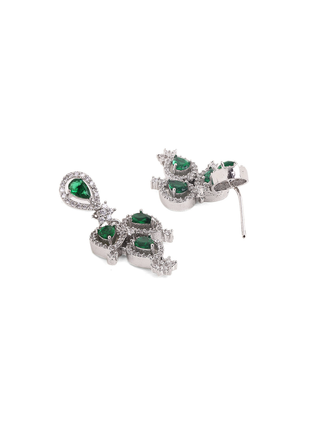 Drop Emerald Whitestoned Silver Plated Necklace with Fancy AD Earrings Jewellery Set