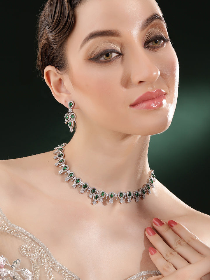 Drop Emerald Whitestoned Silver Plated Necklace with Fancy AD Earrings Jewellery Set