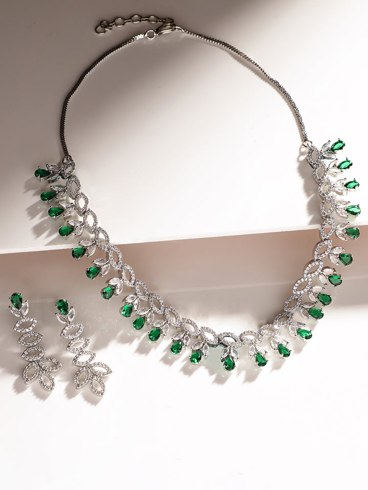 Green White Combo Stoned AD Silver Plated Elegance Necklace with AD Earrings Jewellery Set