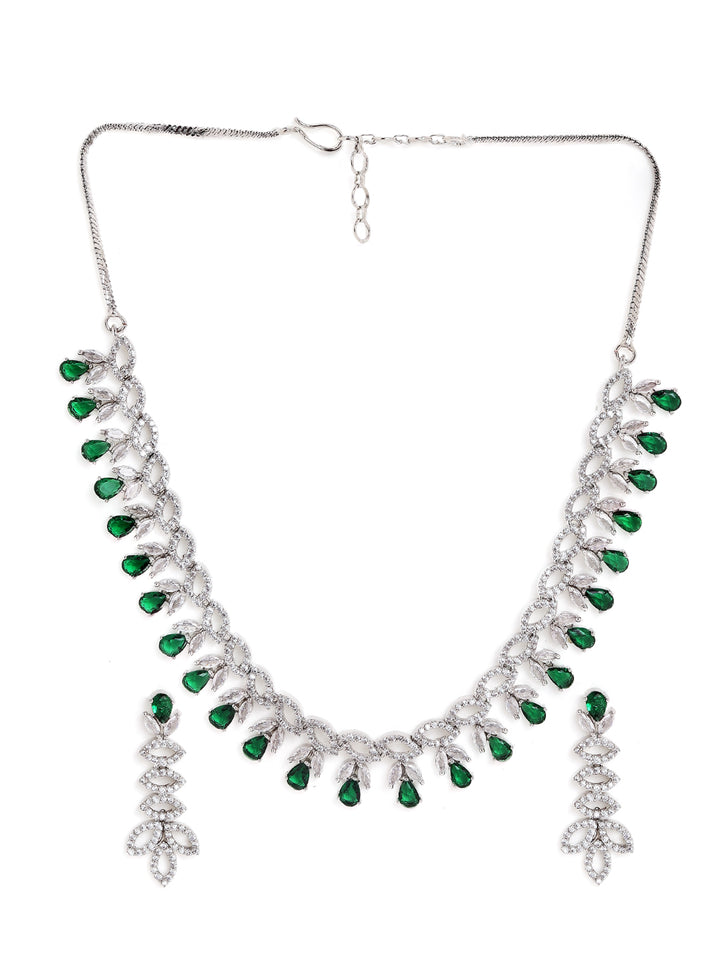 Green White Combo Stoned AD Silver Plated Elegance Necklace with AD Earrings Jewellery Set