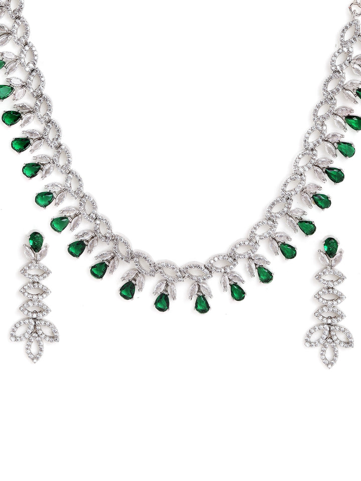 Green White Combo Stoned AD Silver Plated Elegance Necklace with AD Earrings Jewellery Set