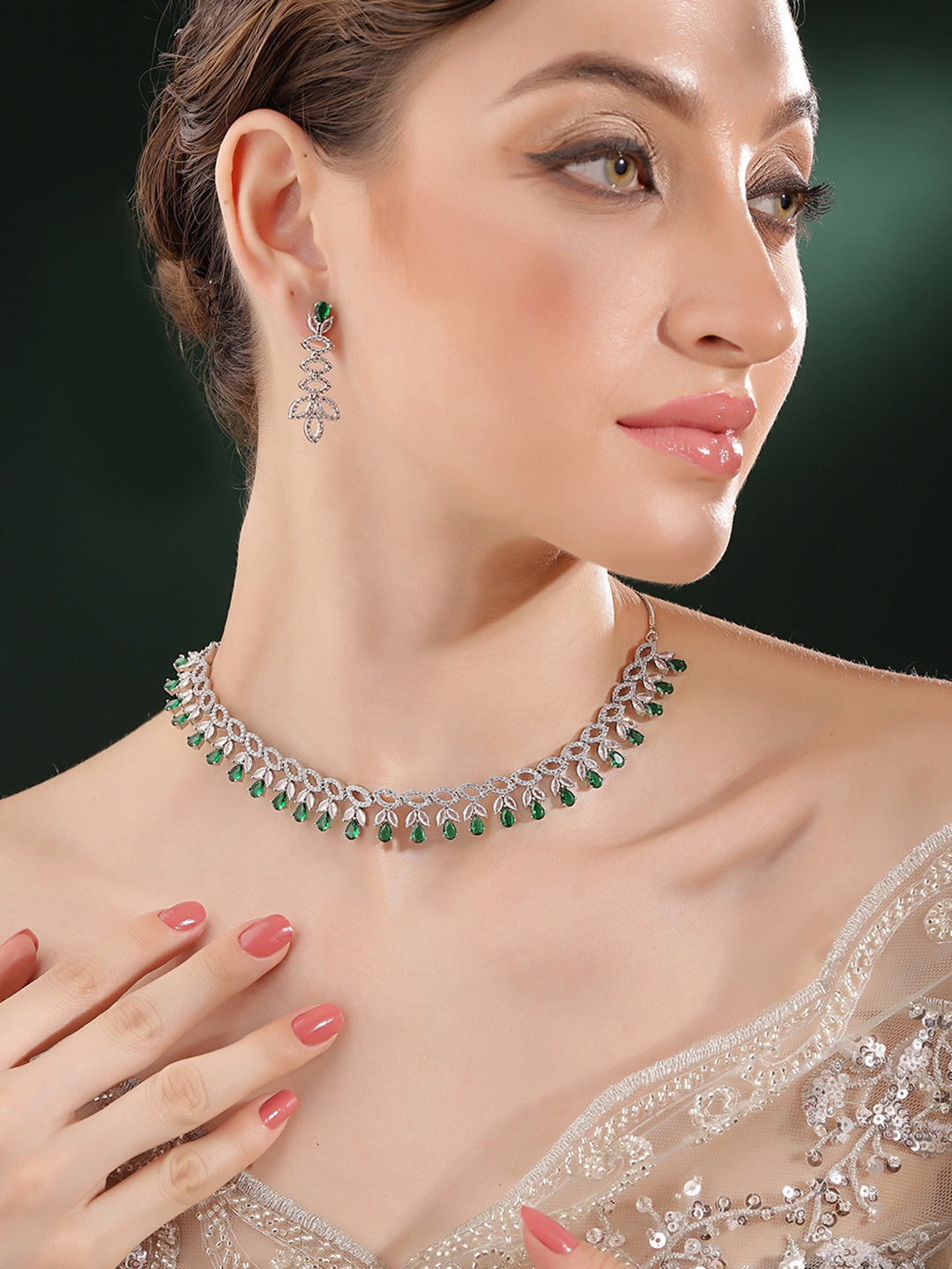 Green White Combo Stoned AD Silver Plated Elegance Necklace with AD Earrings Jewellery Set