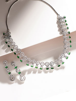 Emerald Elegance Statement AD Silver Plated Necklace with Drop Earrings Jewellery Set