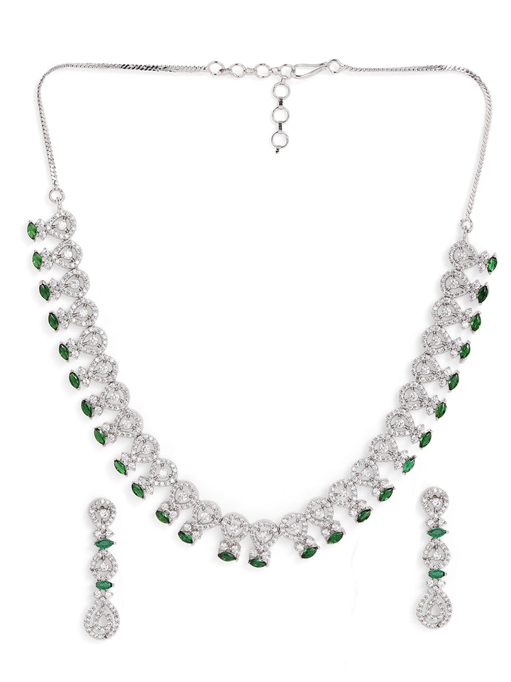 Emerald Elegance Statement AD Silver Plated Necklace with Drop Earrings Jewellery Set