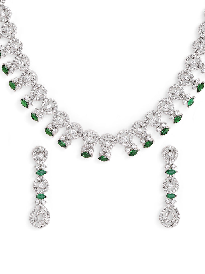 Emerald Elegance Statement AD Silver Plated Necklace with Drop Earrings Jewellery Set