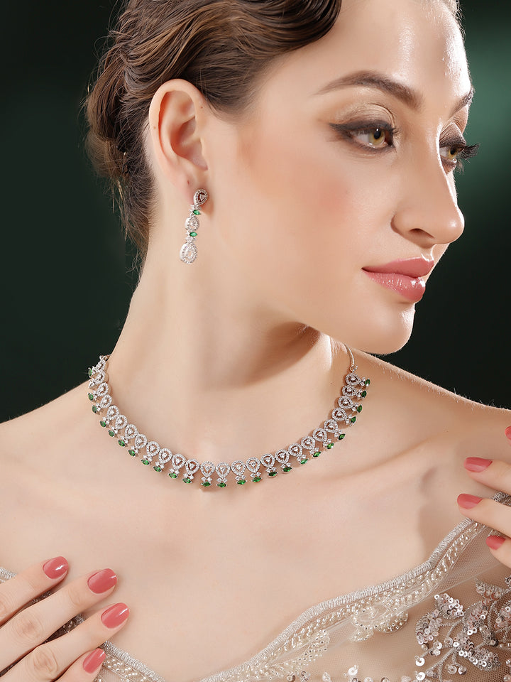 Emerald Elegance Statement AD Silver Plated Necklace with Drop Earrings Jewellery Set