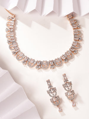 Rosegold Plated Statement Pattern necklace with AD Drop Earrings Jewellery Set