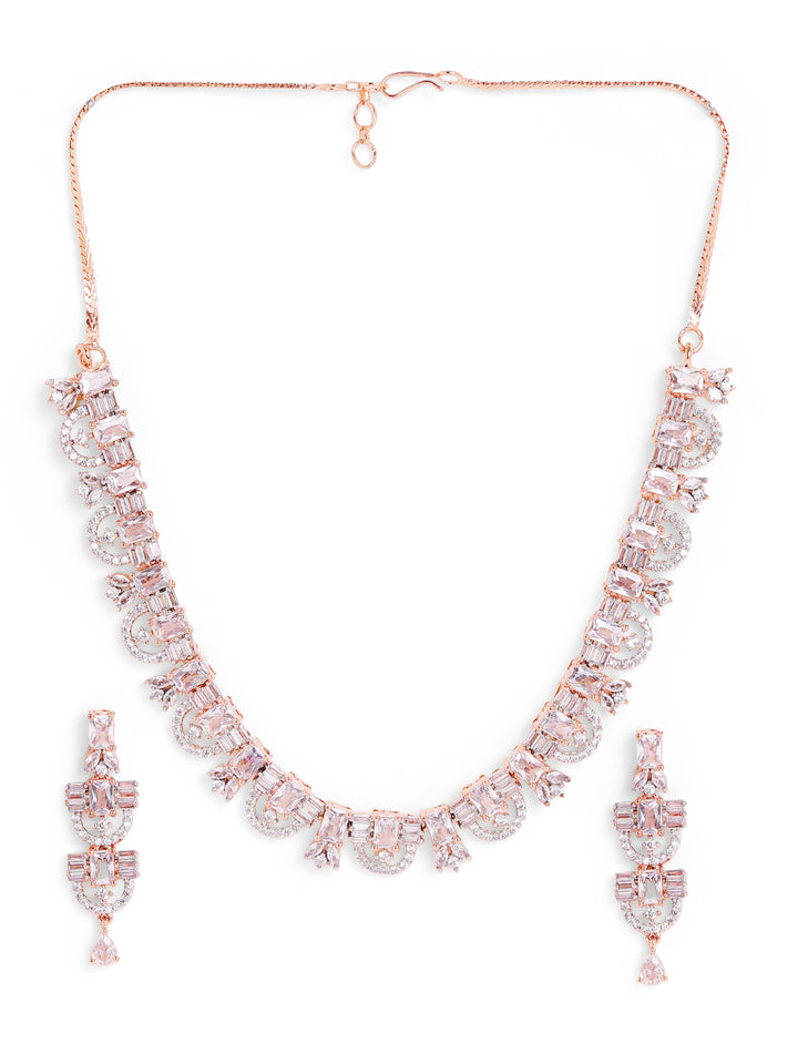 Rosegold Plated Statement Pattern necklace with AD Drop Earrings Jewellery Set