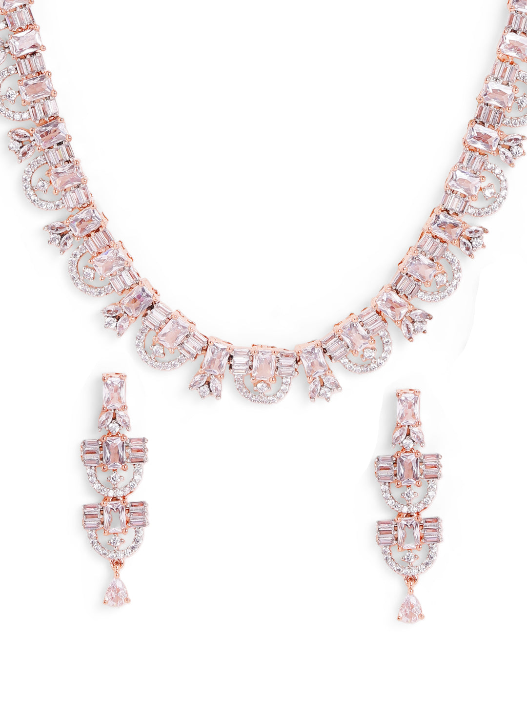 Rosegold Plated Statement Pattern necklace with AD Drop Earrings Jewellery Set