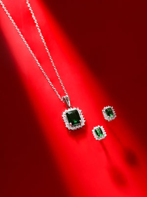 Emerald Geometry Stoned Silver Plated Pendant with AD Stud Earrings Jewellery Set