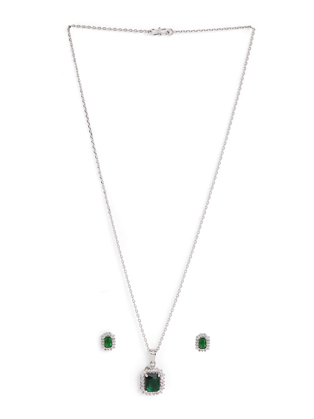 Emerald Geometry Stoned Silver Plated Pendant with AD Stud Earrings Jewellery Set