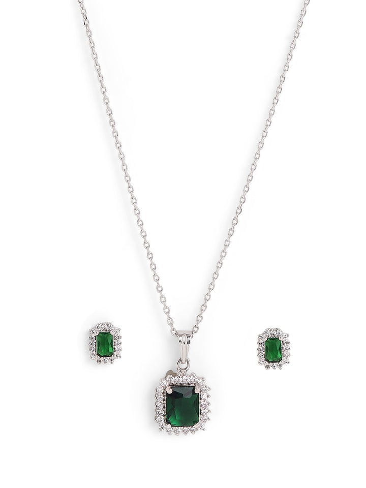 Emerald Geometry Stoned Silver Plated Pendant with AD Stud Earrings Jewellery Set