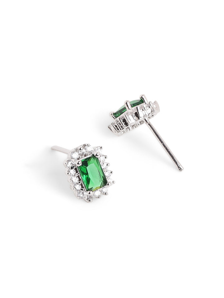 Emerald Geometry Stoned Silver Plated Pendant with AD Stud Earrings Jewellery Set