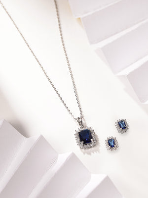 Royal Blue Stoned Geometry Pattern Silver Plated AD Pendant with AD Stud Earrings Jewellery Set