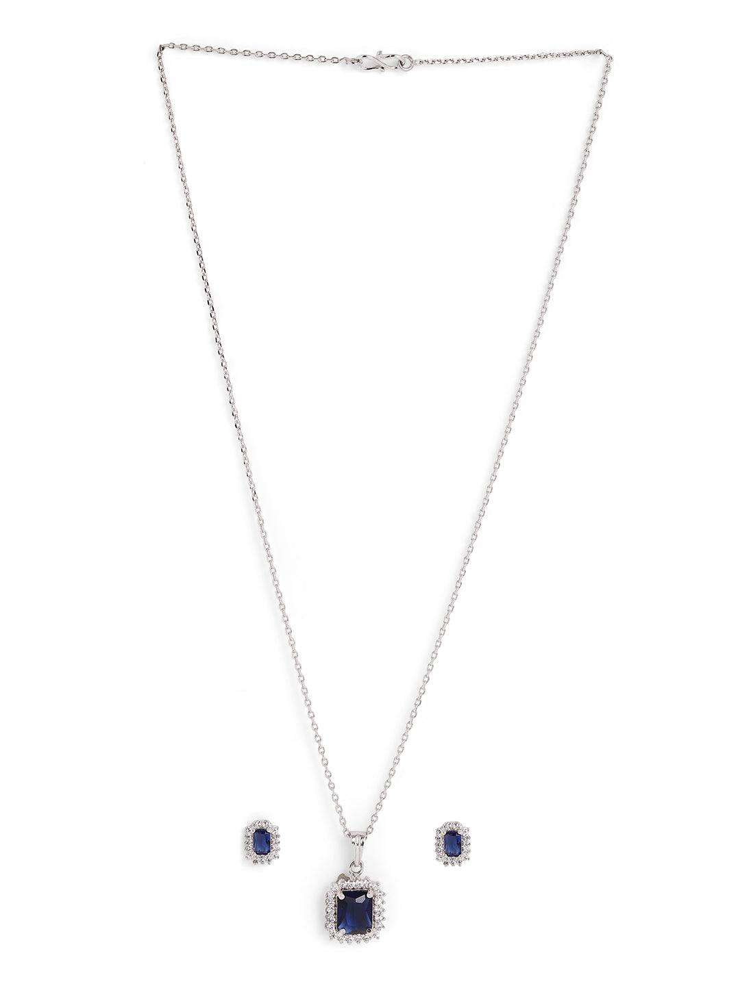 Royal Blue Stoned Geometry Pattern Silver Plated AD Pendant with AD Stud Earrings Jewellery Set