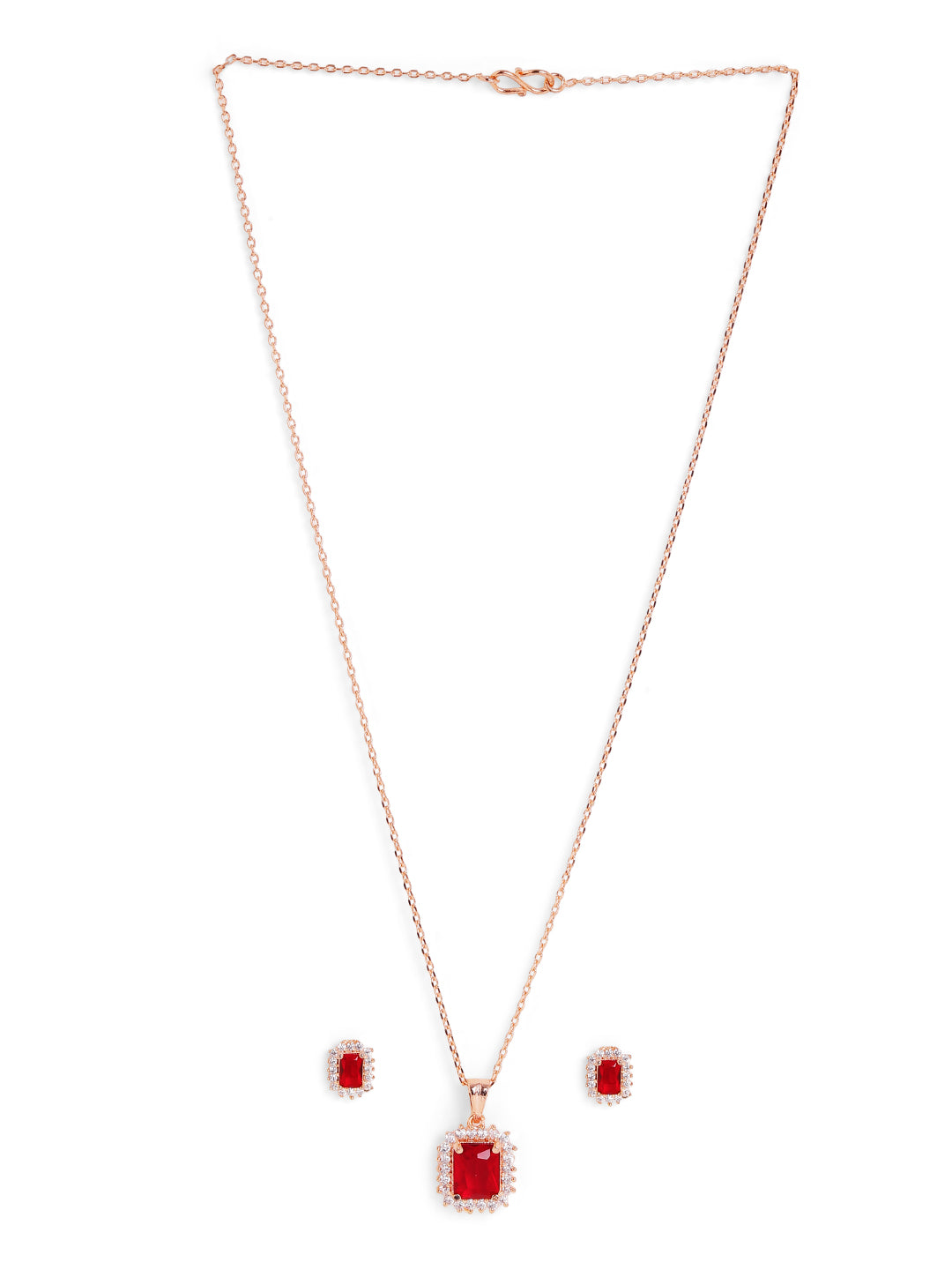 Bright Red Stoned Geometry Rose Gold Plated Pendant with AD Stud Earrings Jewellery Set