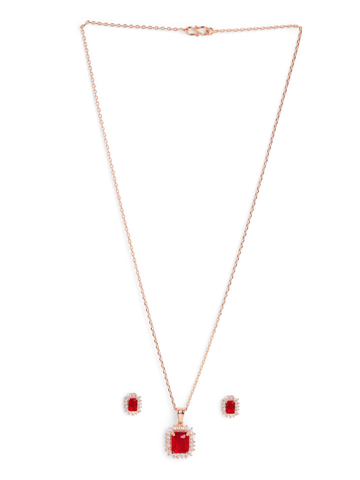 Bright Red Stoned Geometry Rose Gold Plated Pendant with AD Stud Earrings Jewellery Set