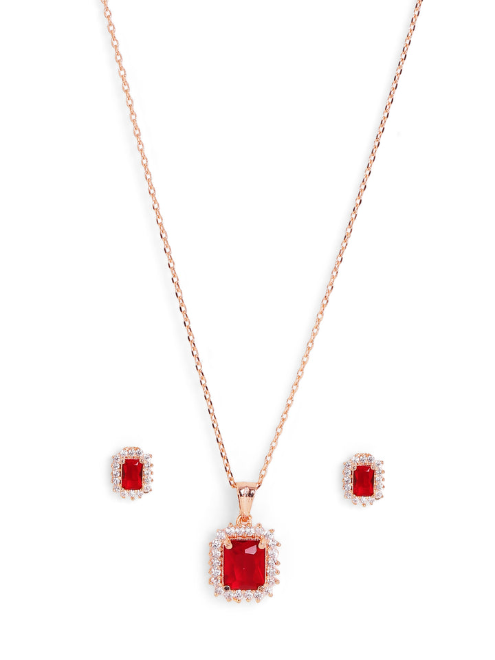 Bright Red Stoned Geometry Rose Gold Plated Pendant with AD Stud Earrings Jewellery Set