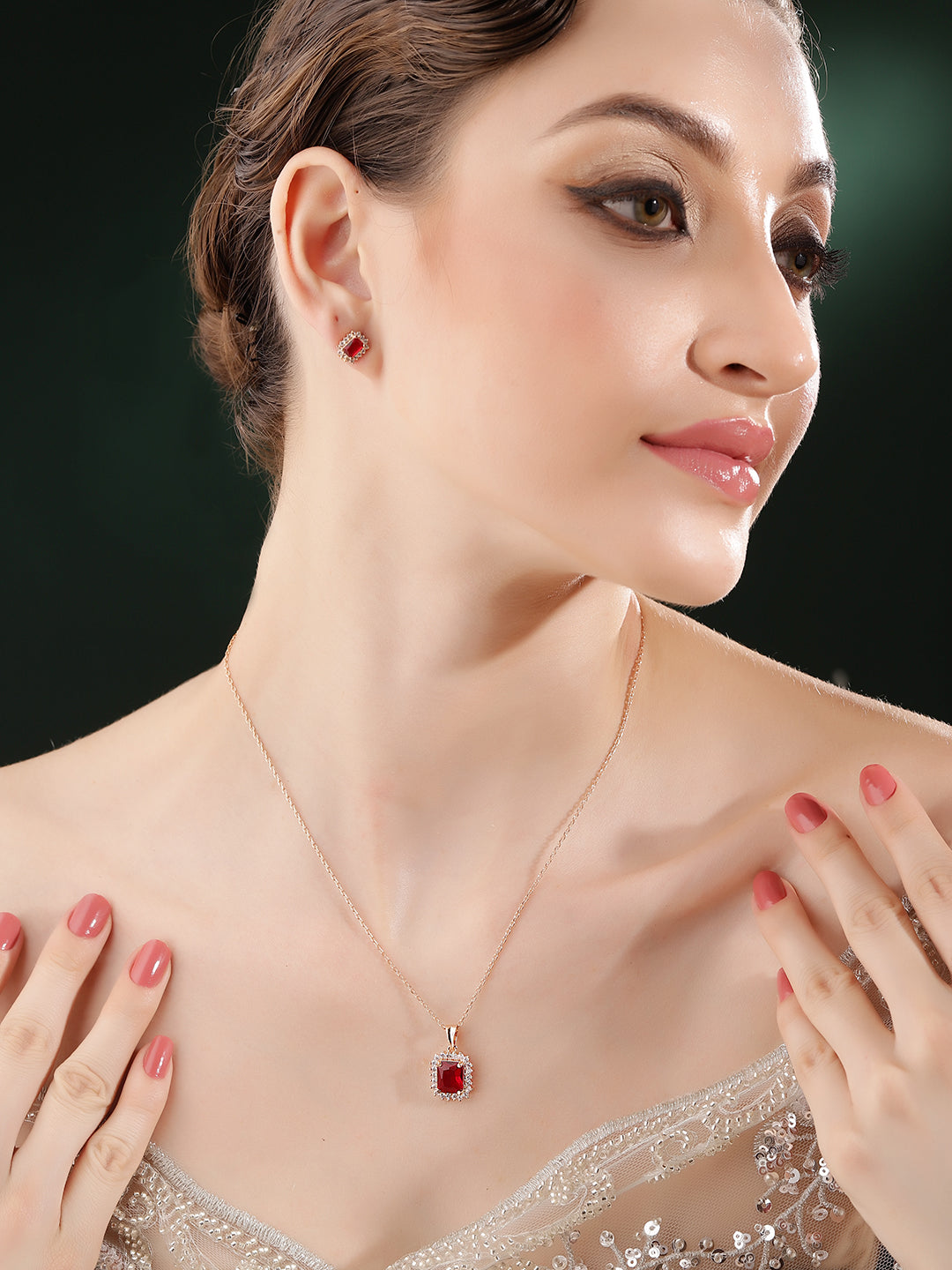 Bright Red Stoned Geometry Rose Gold Plated Pendant with AD Stud Earrings Jewellery Set