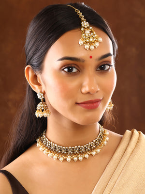 Floral Elegance Kundan Pearl Combo Necklace Gold Plated Earrings with Maangtika Jewellery Set