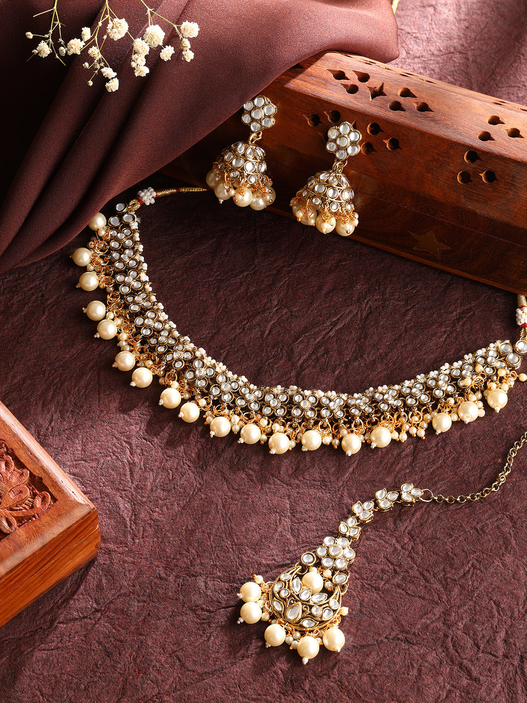 Floral Elegance Kundan Pearl Combo Necklace Gold Plated Earrings with Maangtika Jewellery Set