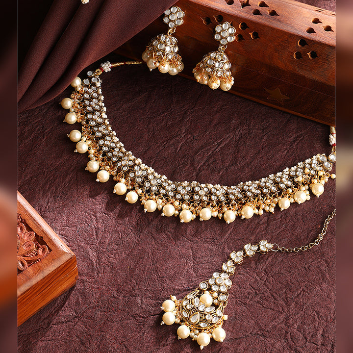 Floral Elegance Kundan Pearl Combo Necklace Gold Plated Earrings with Maangtika Jewellery Set