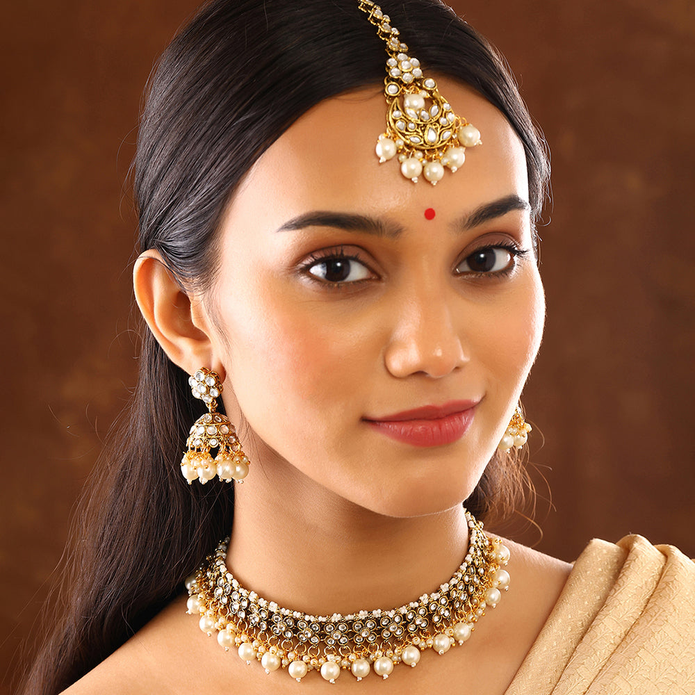 Floral Elegance Kundan Pearl Combo Necklace Gold Plated Earrings with Maangtika Jewellery Set