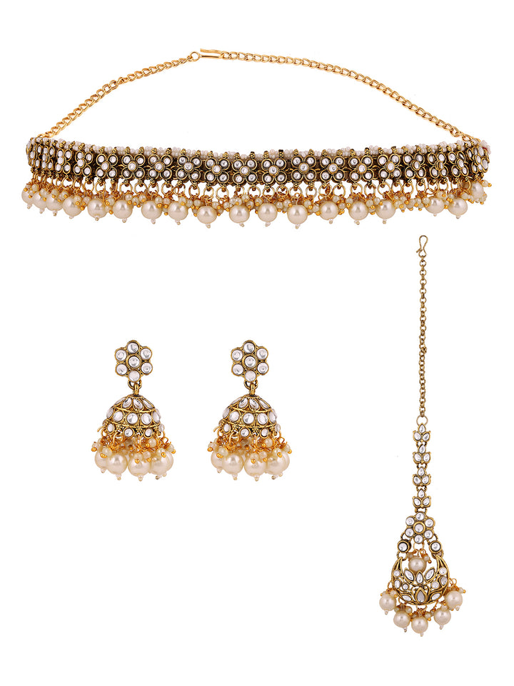 Floral Elegance Kundan Pearl Combo Necklace Gold Plated Earrings with Maangtika Jewellery Set