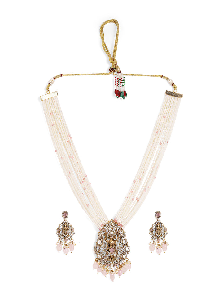 Premium God American Diamond Elegance with Pink Pearl Beads Necklace with Drop Pattern Earrings Jewellery Set