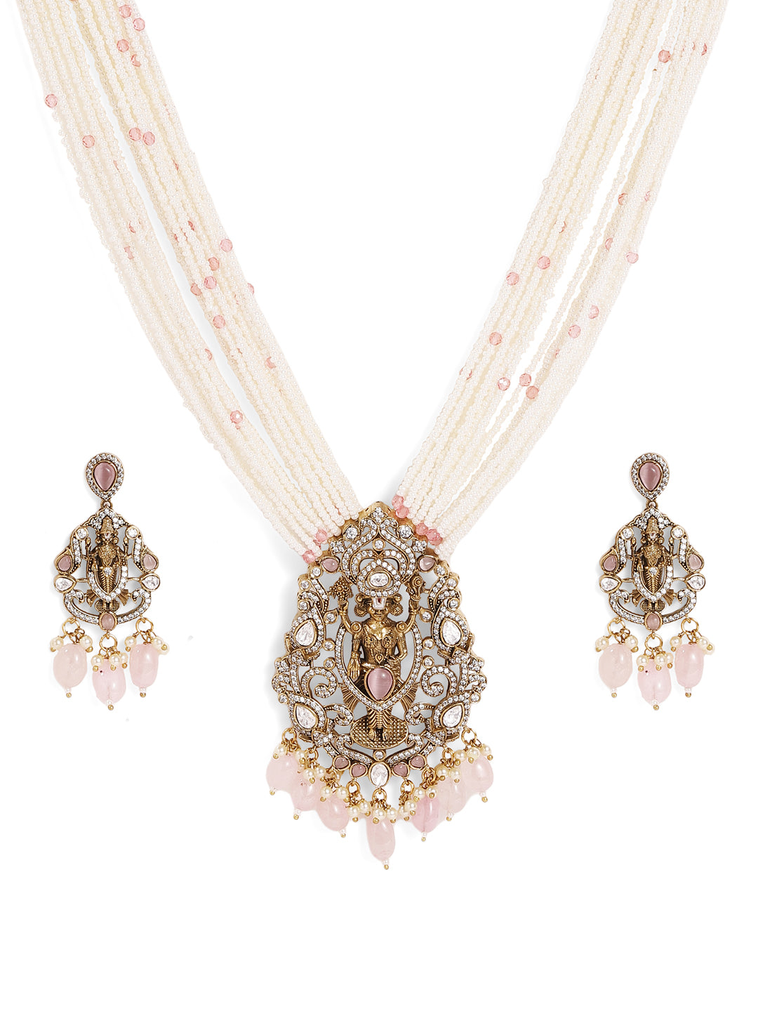 Premium God American Diamond Elegance with Pink Pearl Beads Necklace with Drop Pattern Earrings Jewellery Set