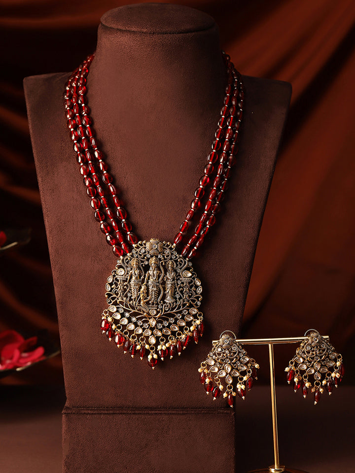 God Exquisite Gold Plated American Diamonds Maroon Beaded Necklace with Gold Plated Mini Drop Earrings Jewellery Set