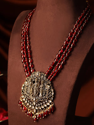 God Exquisite Gold Plated American Diamonds Maroon Beaded Necklace with Gold Plated Mini Drop Earrings Jewellery Set