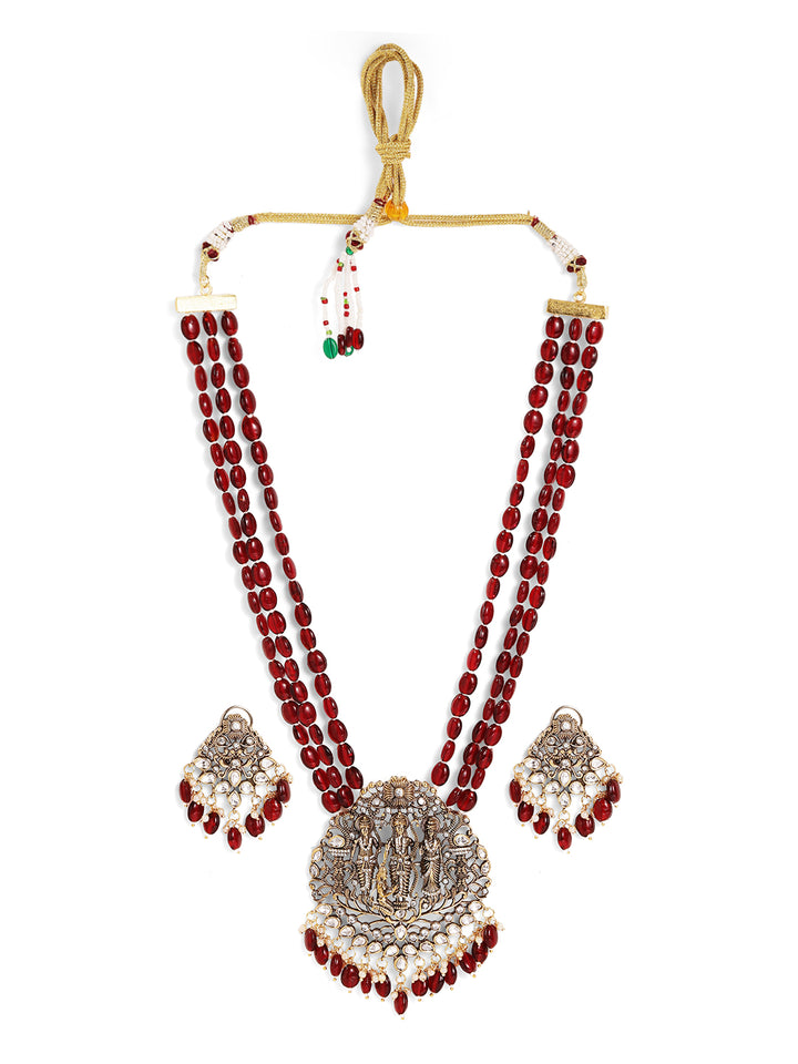 God Exquisite Gold Plated American Diamonds Maroon Beaded Necklace with Gold Plated Mini Drop Earrings Jewellery Set