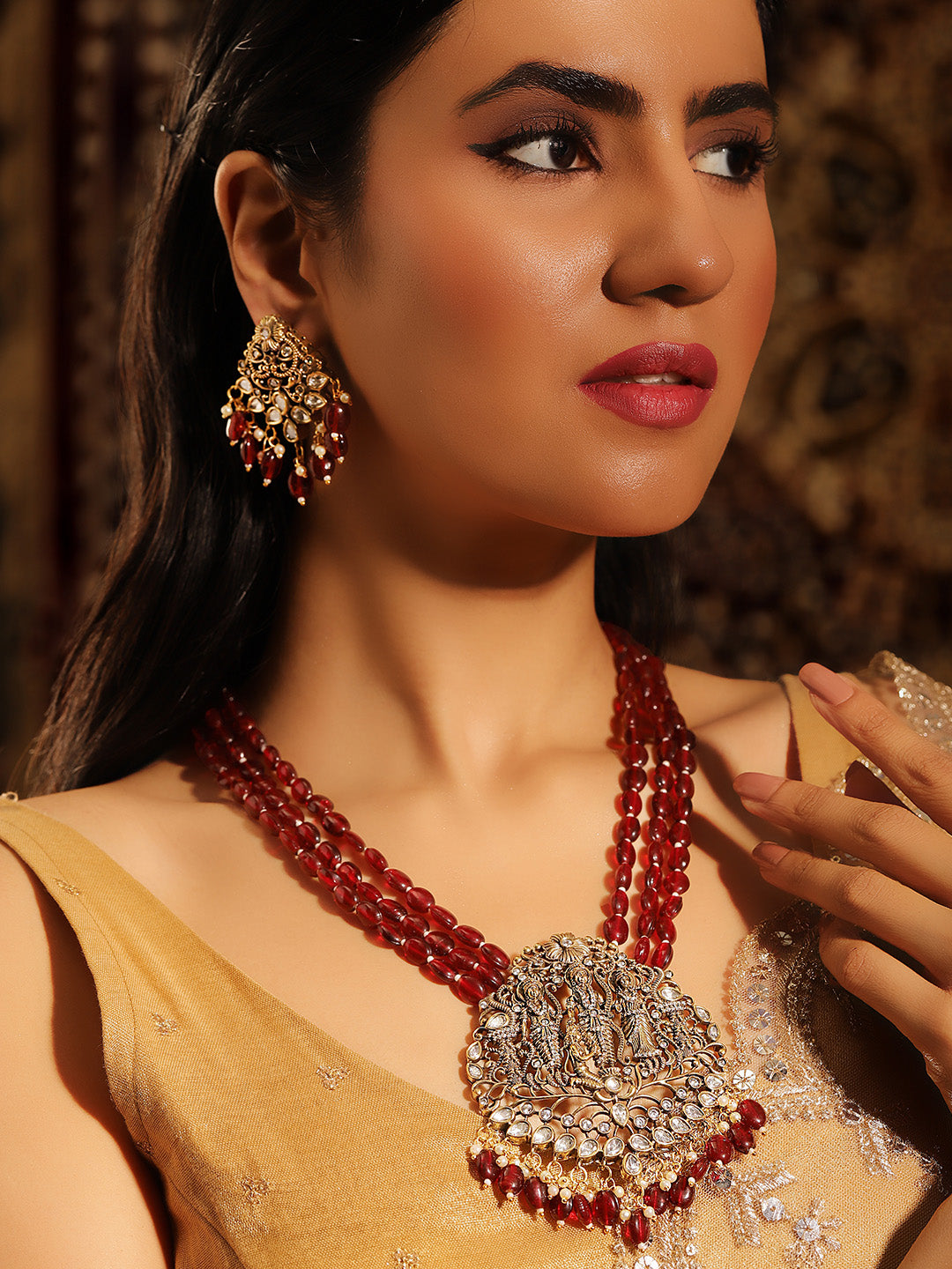 God Exquisite Gold Plated American Diamonds Maroon Beaded Necklace with Gold Plated Mini Drop Earrings Jewellery Set