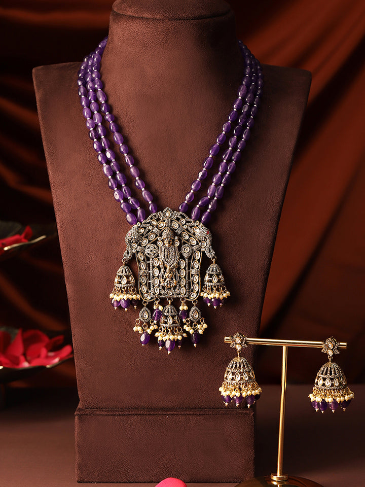 Purple Beads Elegance Jhumki God Pattern Necklace with Jhumkis Floral Style Earrings Jewellery Set