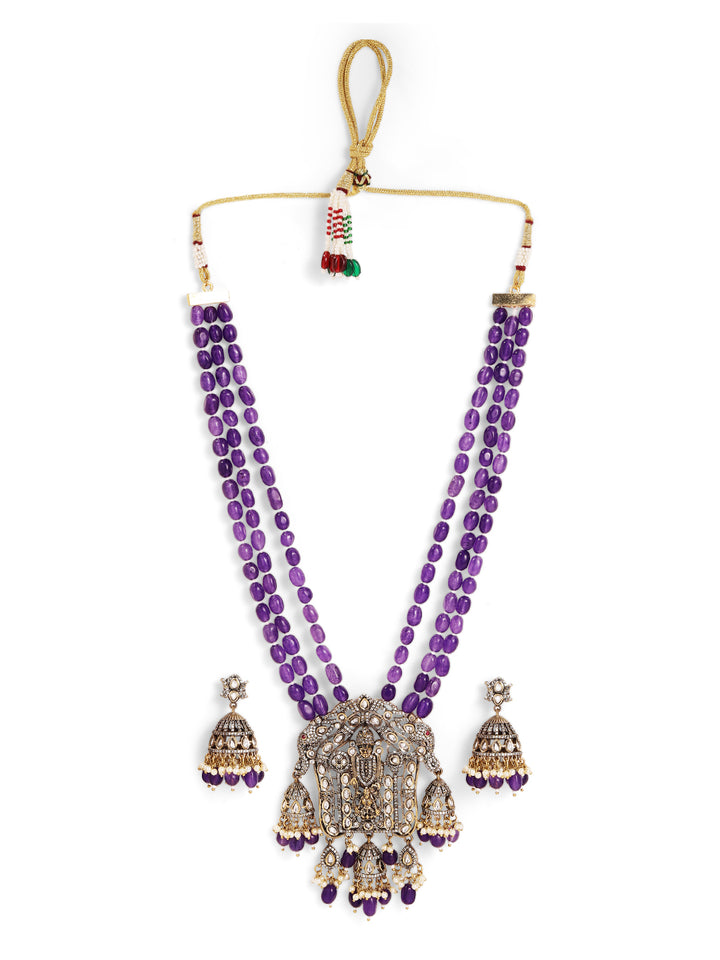 Purple Beads Elegance Jhumki God Pattern Necklace with Jhumkis Floral Style Earrings Jewellery Set