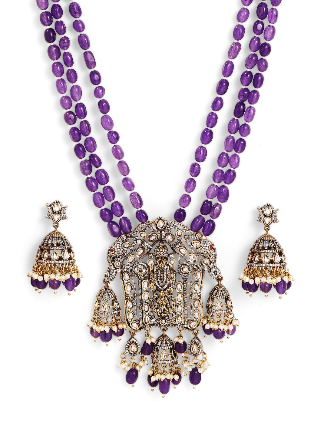 Purple Beads Elegance Jhumki God Pattern Necklace with Jhumkis Floral Style Earrings Jewellery Set