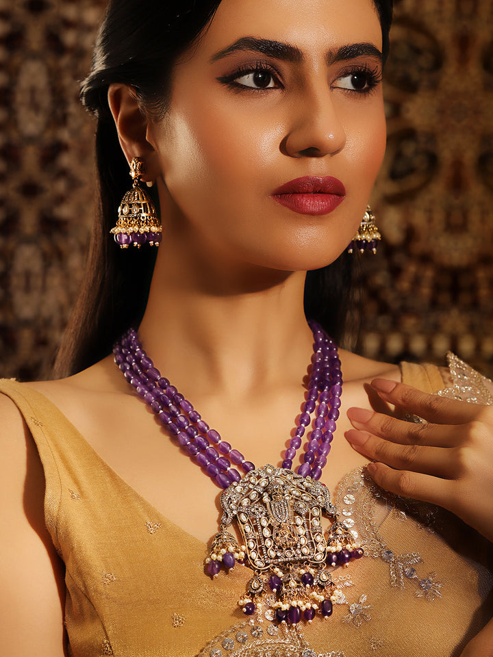 Purple Beads Elegance Jhumki God Pattern Necklace with Jhumkis Floral Style Earrings Jewellery Set