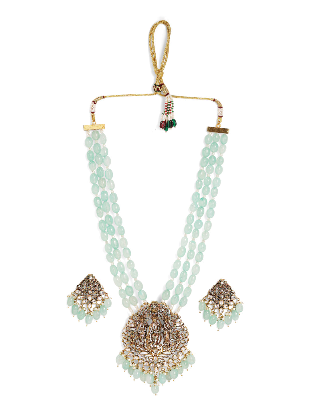 Mint Glossy Beads God Elegance Gold Plated Pendant with Mini Drop Pattern Earrings Jewellery Set