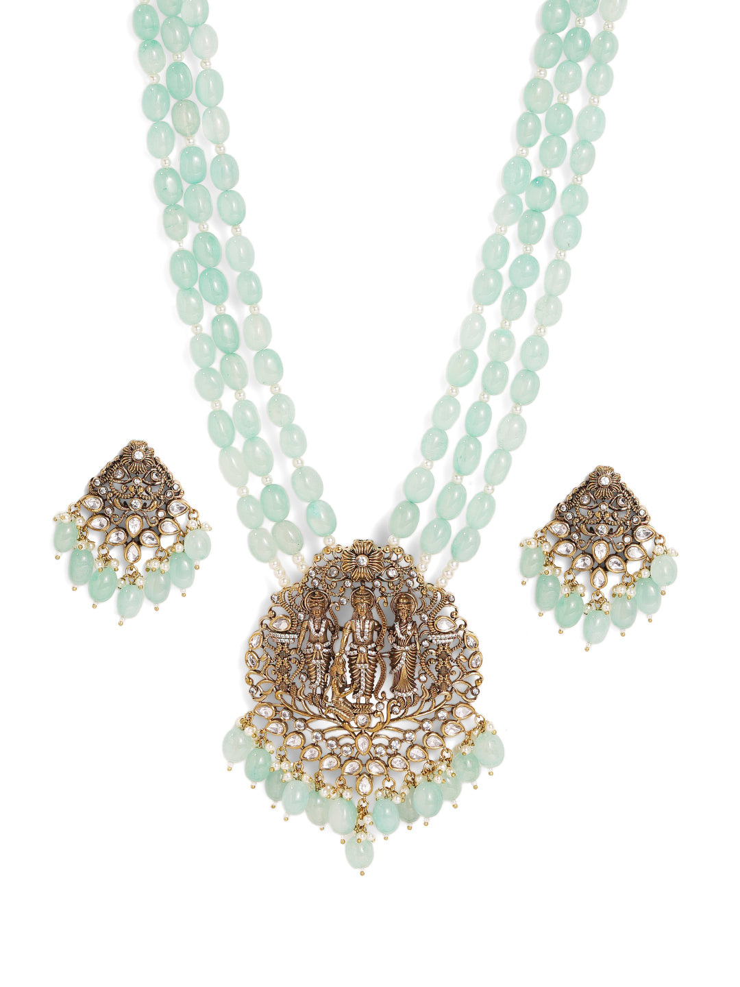 Mint Glossy Beads God Elegance Gold Plated Pendant with Mini Drop Pattern Earrings Jewellery Set