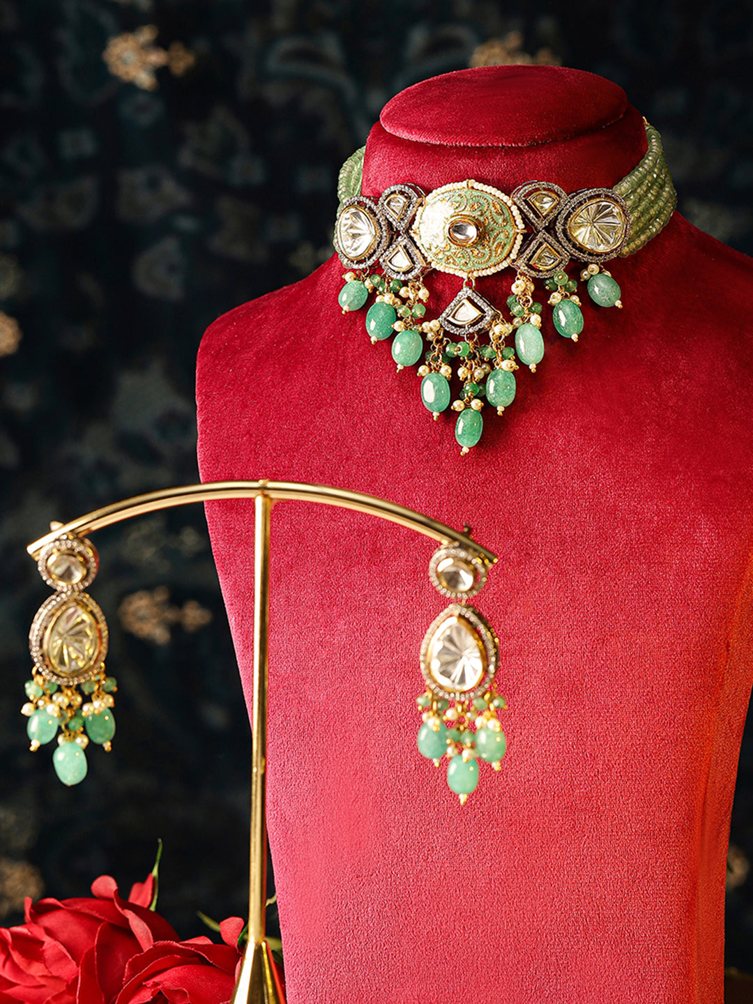 Green Elegance Meenakari Design Polki Style Chocker Necklace with Drop Pattern Earrings Jewellery Set