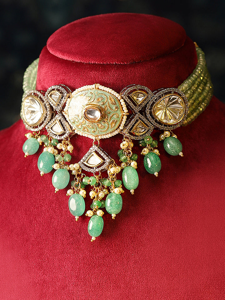 Green Elegance Meenakari Design Polki Style Chocker Necklace with Drop Pattern Earrings Jewellery Set