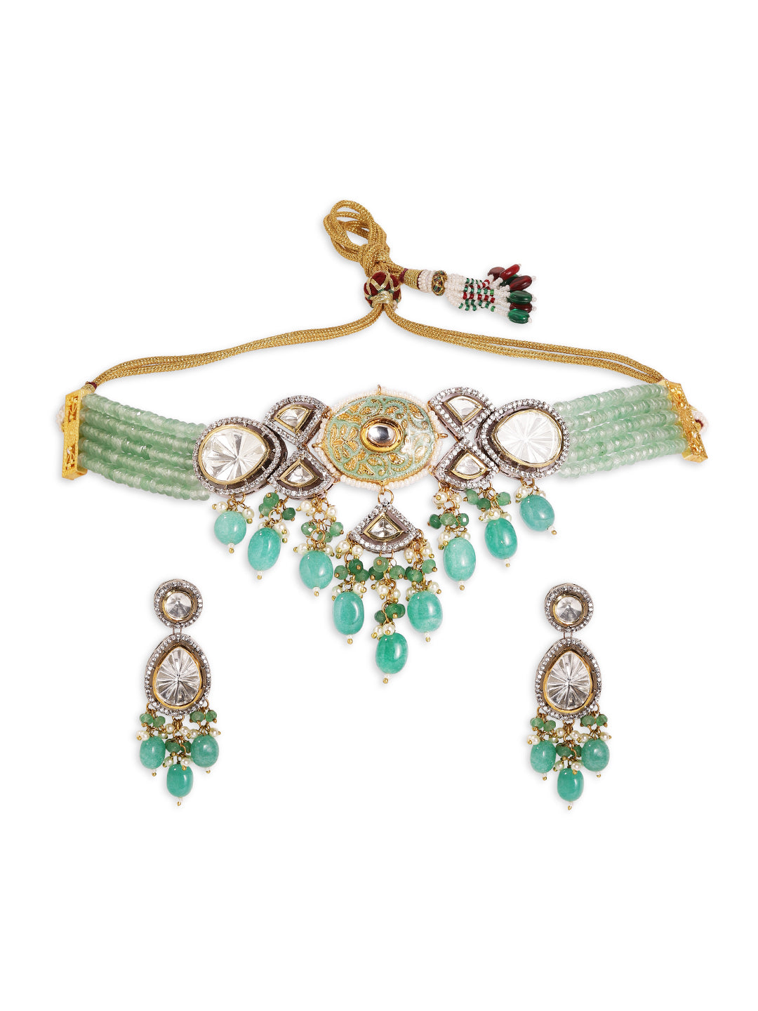 Green Elegance Meenakari Design Polki Style Chocker Necklace with Drop Pattern Earrings Jewellery Set