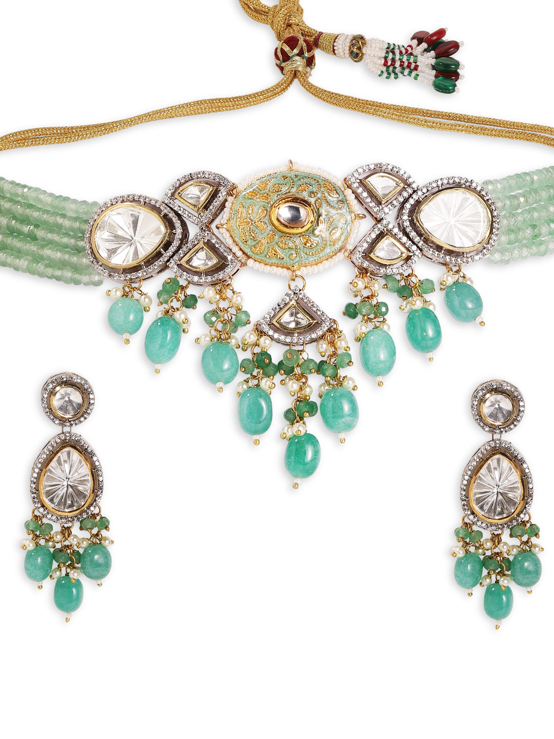 Green Elegance Meenakari Design Polki Style Chocker Necklace with Drop Pattern Earrings Jewellery Set